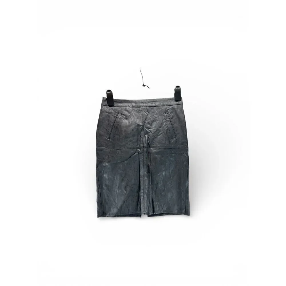 CAbi Black Faux Leather Pencil Skirt Size 2 Moto Zip Back Slit Lined